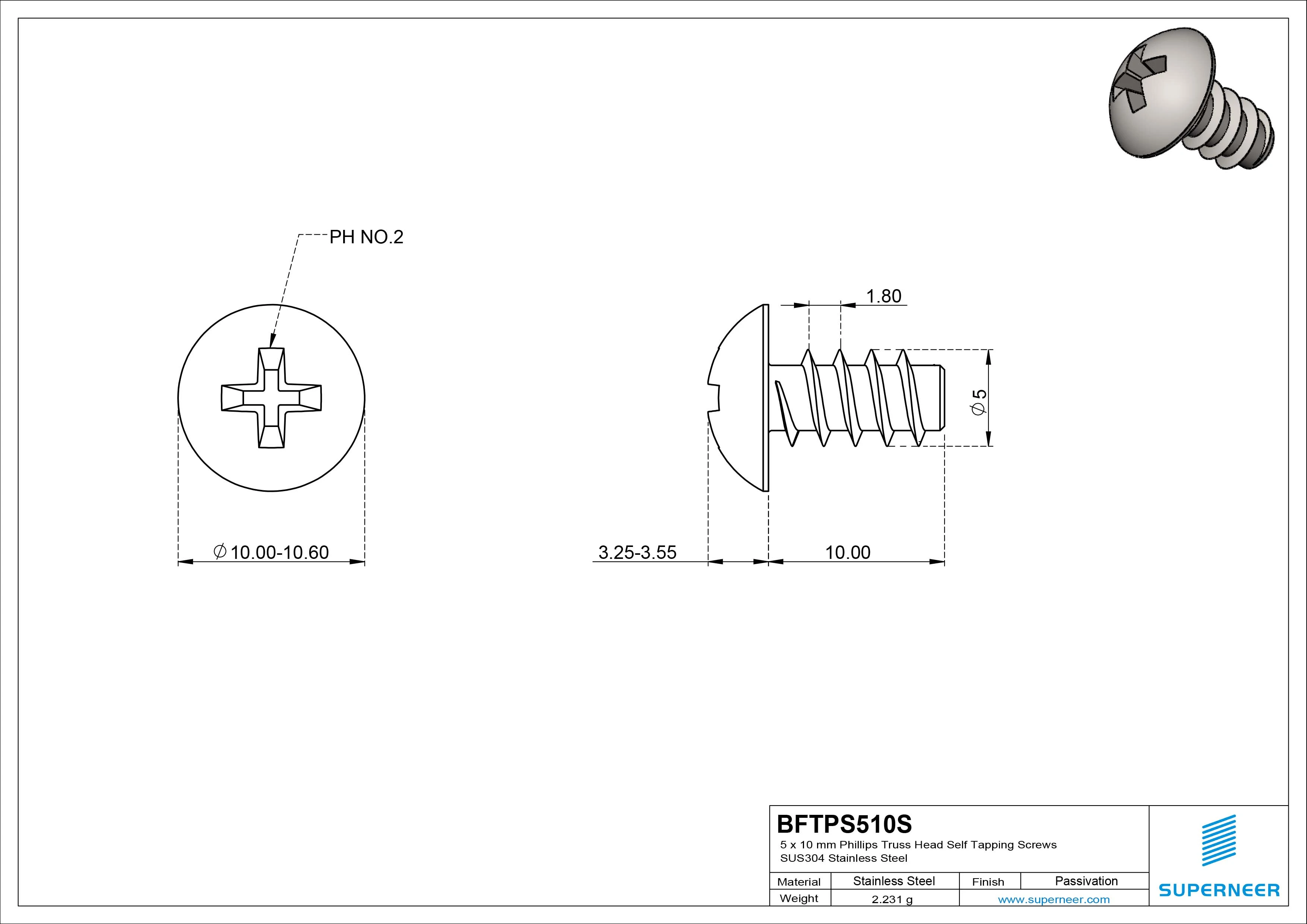 5 x 10mm Phillips Truss Head Self Tapping Screws SUS304 Stainless Steel