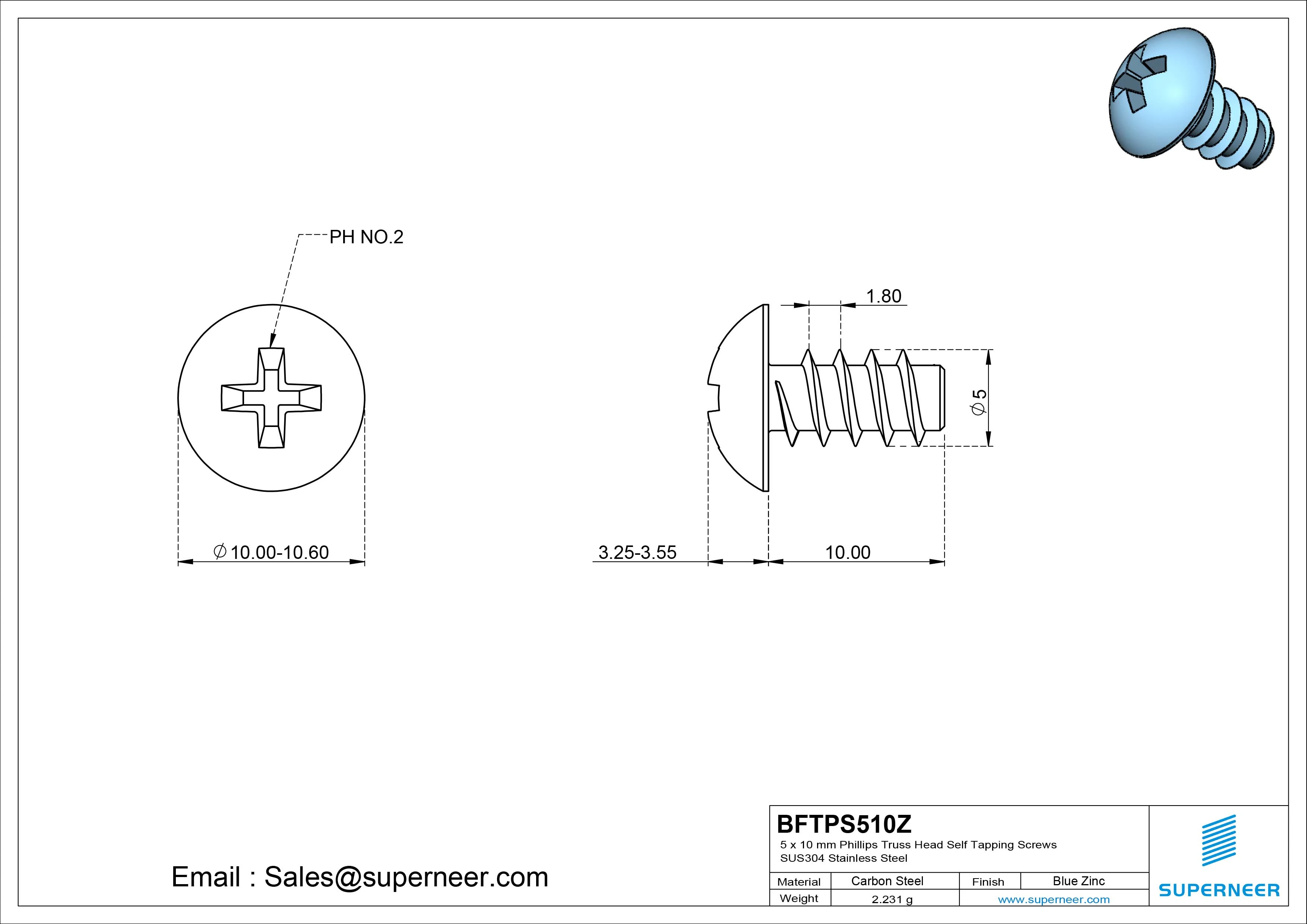 5 x 10mm Phillips Truss Head Self Tapping Screws Steel Blue Zinc Plated