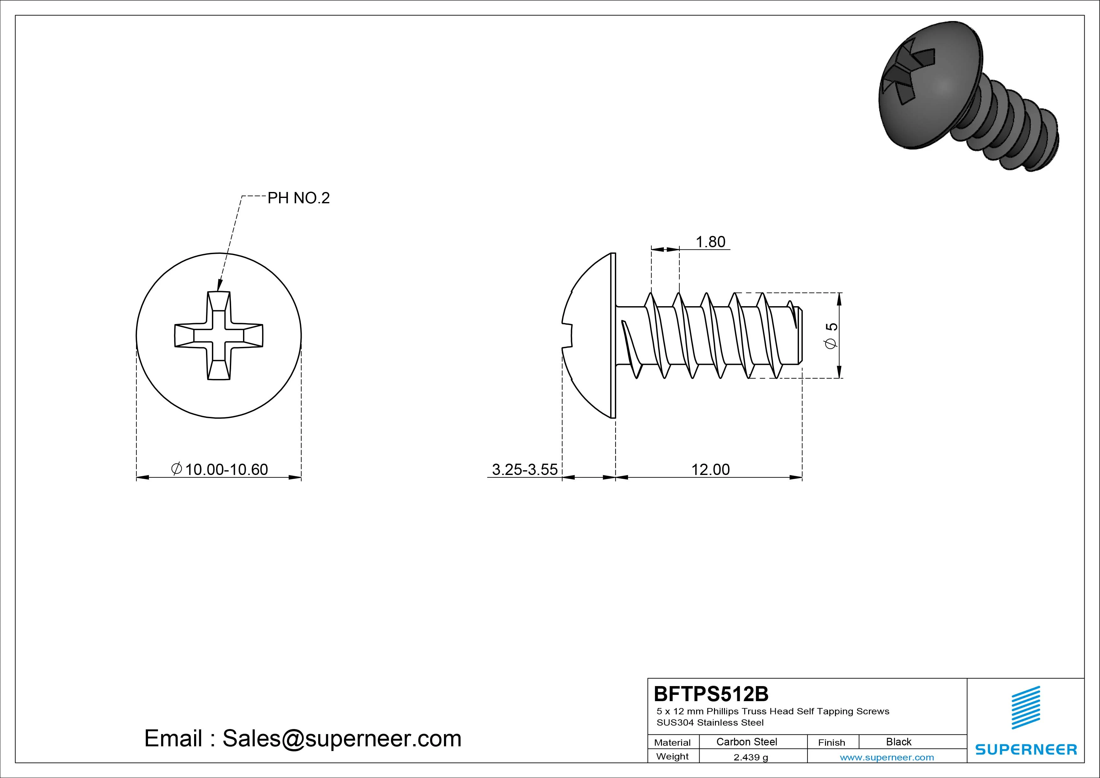 5 x 12mm Phillips Truss Head Self Tapping Screws Steel Black Zinc Plated