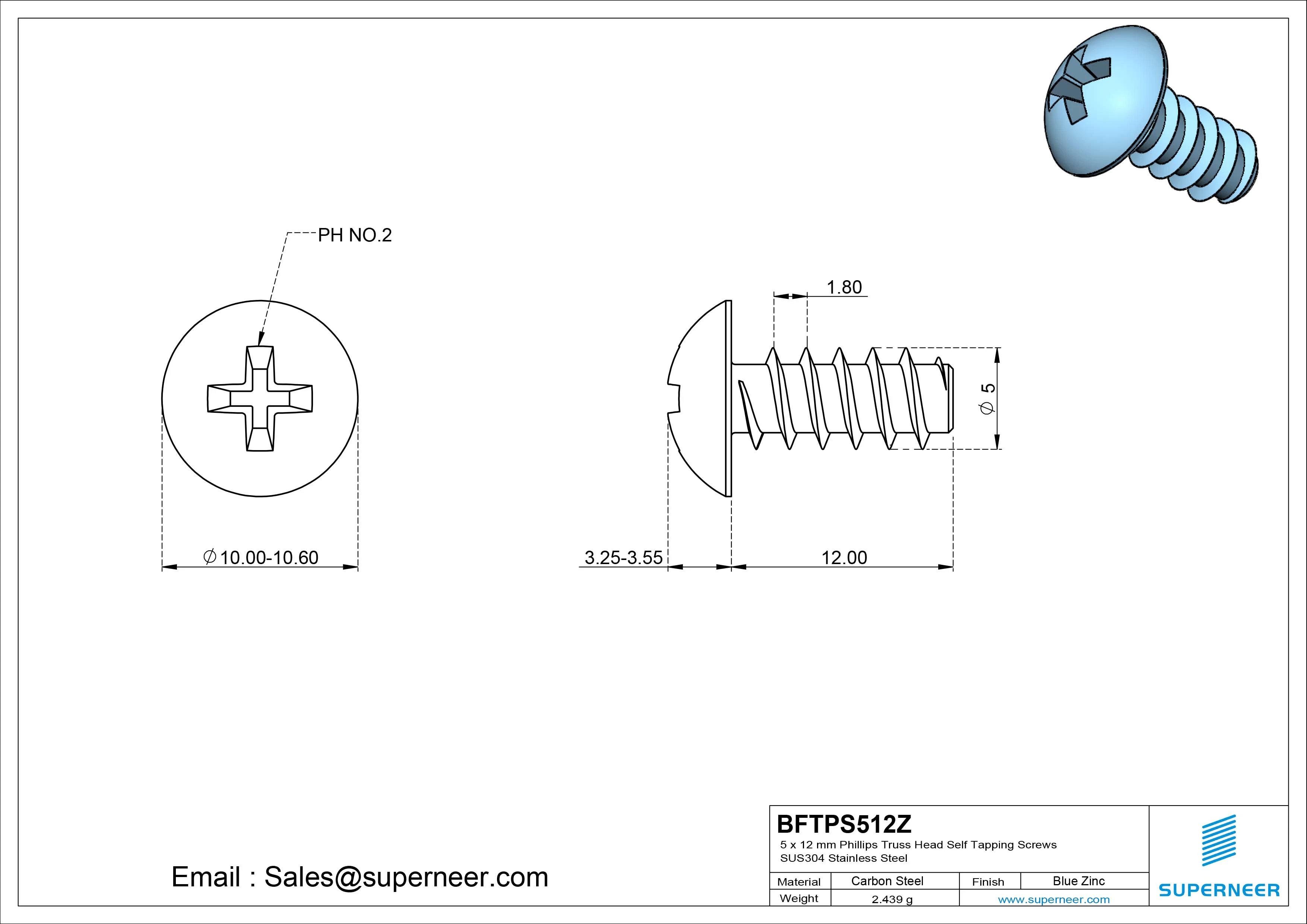 5 x 12mm Phillips Truss Head Self Tapping Screws Steel Blue Zinc Plated