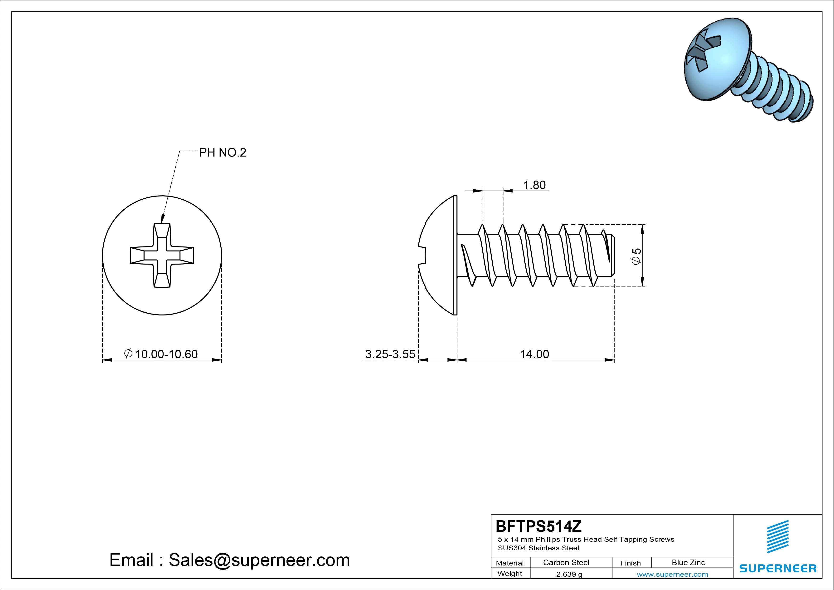 5 x 14mm Phillips Truss Head Self Tapping Screws Steel Blue Zinc Plated